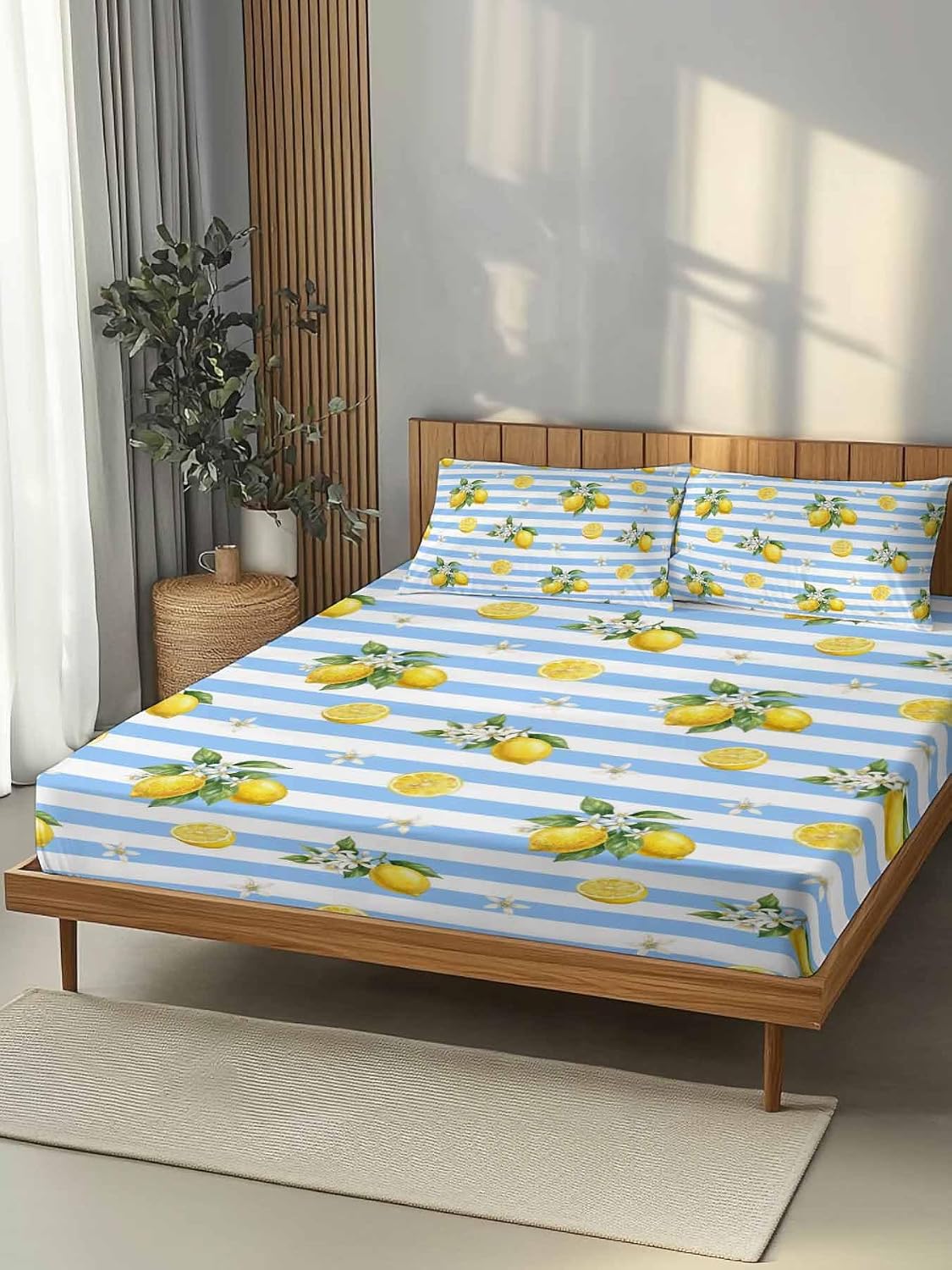 3 Pieces Twin Fitted Sheet Set, Summer Lemon Flower Leaf Deep Pocket Up to 16", Yellow Fruit Blue White Stripe Soft Elastic Bed Sheets and Pillow Cases Secure Fit