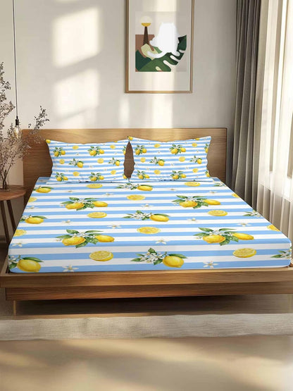 3 Pieces Twin Fitted Sheet Set, Summer Lemon Flower Leaf Deep Pocket Up to 16", Yellow Fruit Blue White Stripe Soft Elastic Bed Sheets and Pillow Cases Secure Fit