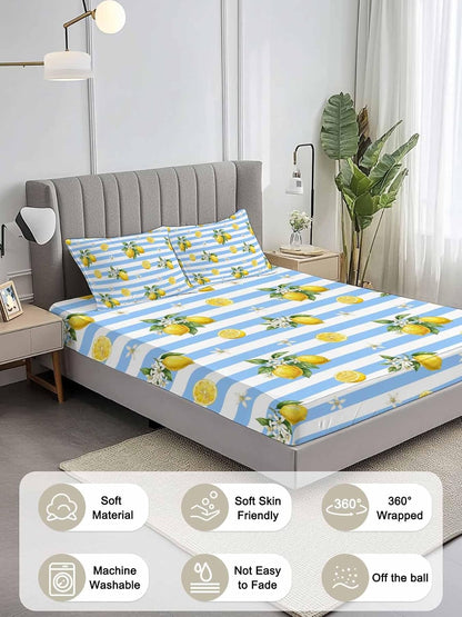 3 Pieces Twin Fitted Sheet Set, Summer Lemon Flower Leaf Deep Pocket Up to 16", Yellow Fruit Blue White Stripe Soft Elastic Bed Sheets and Pillow Cases Secure Fit