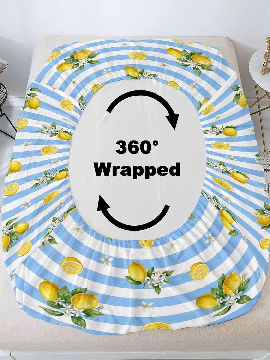 3 Pieces Twin Fitted Sheet Set, Summer Lemon Flower Leaf Deep Pocket Up to 16", Yellow Fruit Blue White Stripe Soft Elastic Bed Sheets and Pillow Cases Secure Fit