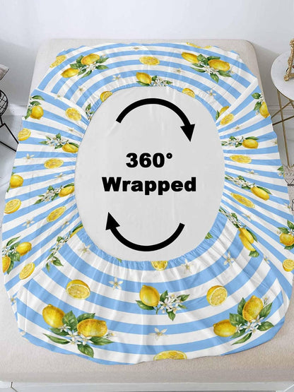 3 Pieces Twin Fitted Sheet Set, Summer Lemon Flower Leaf Deep Pocket Up to 16", Yellow Fruit Blue White Stripe Soft Elastic Bed Sheets and Pillow Cases Secure Fit
