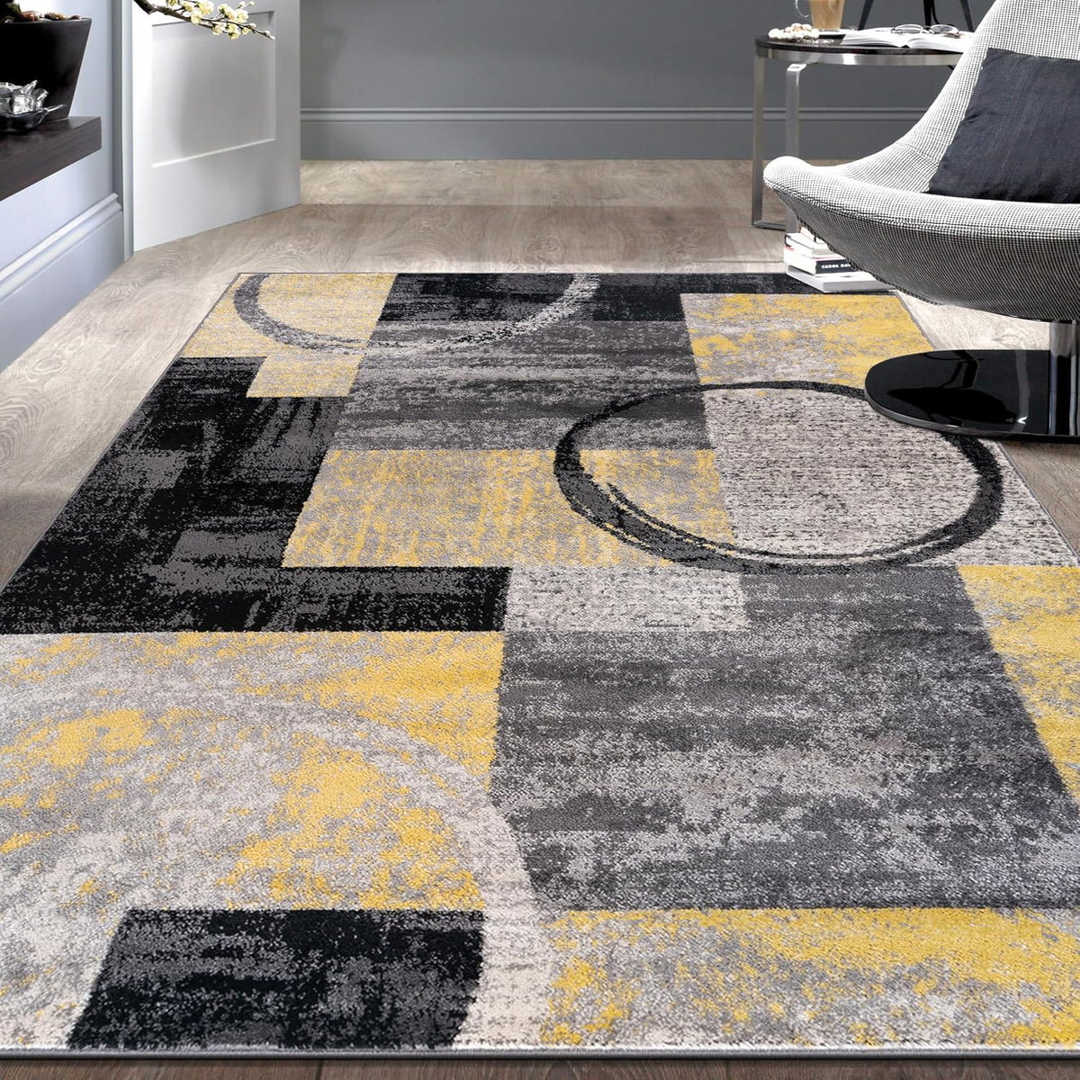 Circle Design Contemporary Fade-Resistant Area Rug Yellow 3'3" x 5'