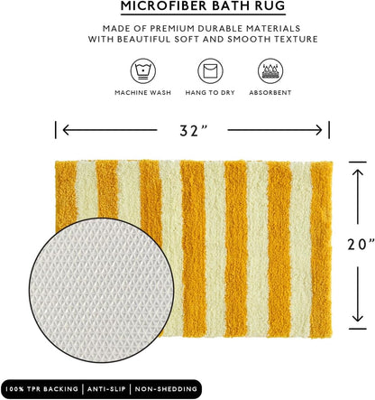 Bath Mat with Striped Design, Microfiber Absorbent Non Slip Tufted Rug for Floor, Shower or Kitchen (20x32 inch, Yellow)