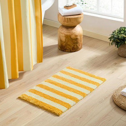 Bath Mat with Striped Design, Microfiber Absorbent Non Slip Tufted Rug for Floor, Shower or Kitchen (20x32 inch, Yellow)
