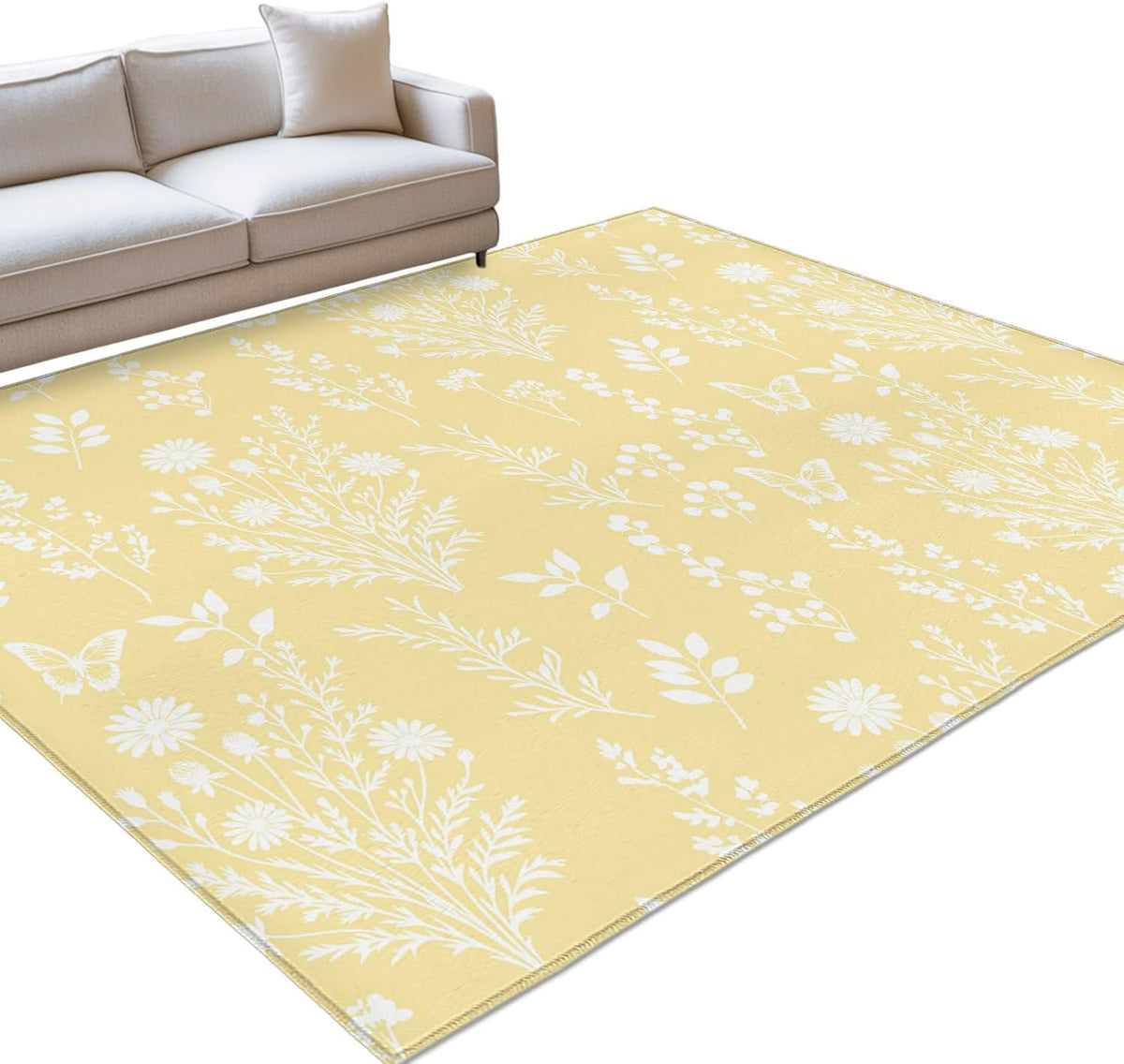 3'x5' Rug for Living Room Bedroom, Light Yellow Botanical Washable Area Rugs Non-Slip Carpet Mats, Spring Summer Chic Wildflowers Indoor Low Pile Area Rug Runner for Kitchen, Mudroom