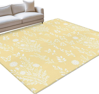 3'x5' Rug for Living Room Bedroom, Light Yellow Botanical Washable Area Rugs Non-Slip Carpet Mats, Spring Summer Chic Wildflowers Indoor Low Pile Area Rug Runner for Kitchen, Mudroom