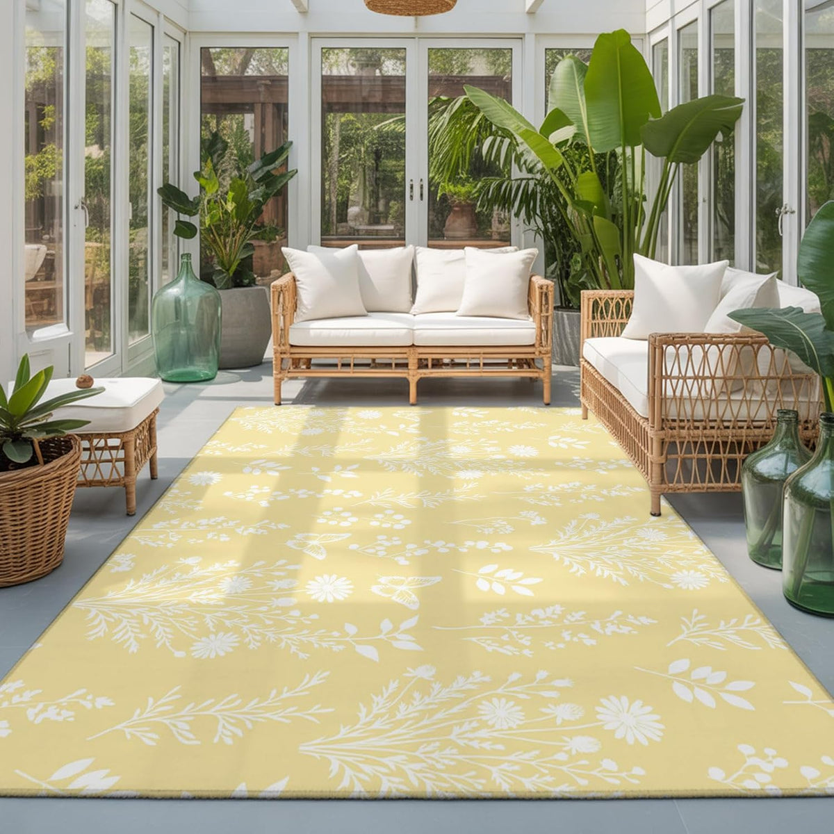 3'x5' Rug for Living Room Bedroom, Light Yellow Botanical Washable Area Rugs Non-Slip Carpet Mats, Spring Summer Chic Wildflowers Indoor Low Pile Area Rug Runner for Kitchen, Mudroom