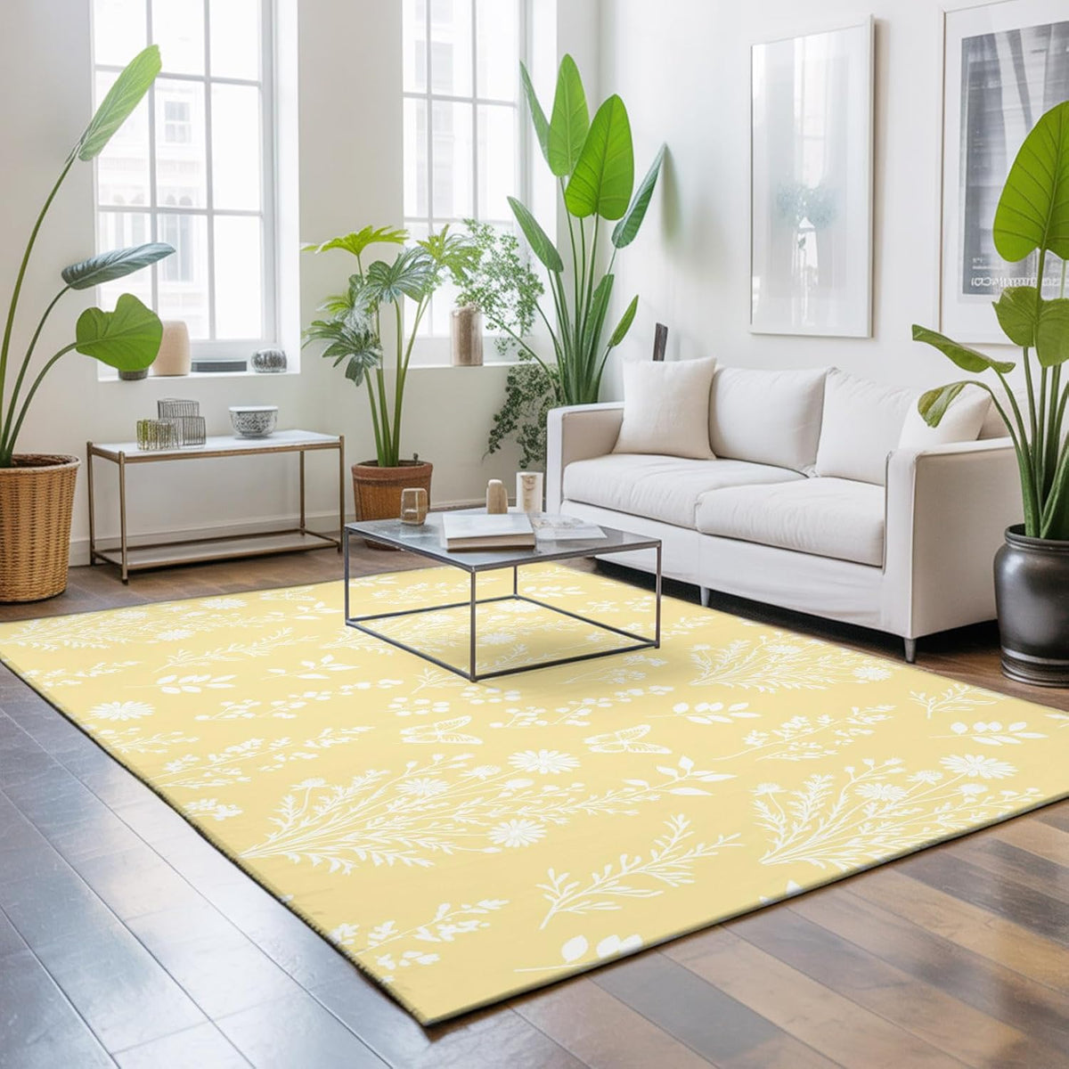 3'x5' Rug for Living Room Bedroom, Light Yellow Botanical Washable Area Rugs Non-Slip Carpet Mats, Spring Summer Chic Wildflowers Indoor Low Pile Area Rug Runner for Kitchen, Mudroom