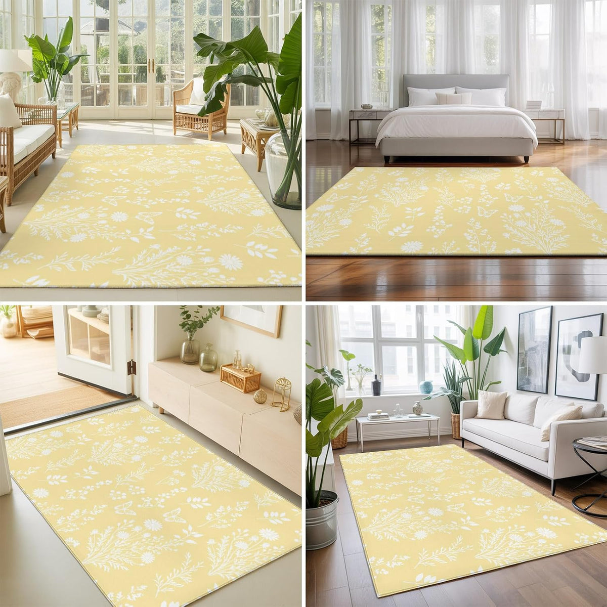 3'x5' Rug for Living Room Bedroom, Light Yellow Botanical Washable Area Rugs Non-Slip Carpet Mats, Spring Summer Chic Wildflowers Indoor Low Pile Area Rug Runner for Kitchen, Mudroom