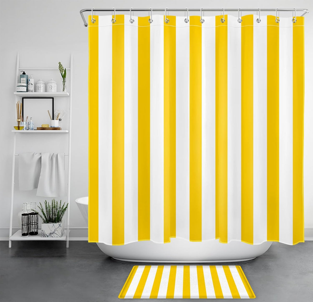 White and Yellow Striped Shower Curtain Sets with Rugs Geometric Patterns Vertical Stripe Fabric Shower Curtain with Hooks Modern Farmhouse Bathroom Curtains Shower Set, 70x70 inches