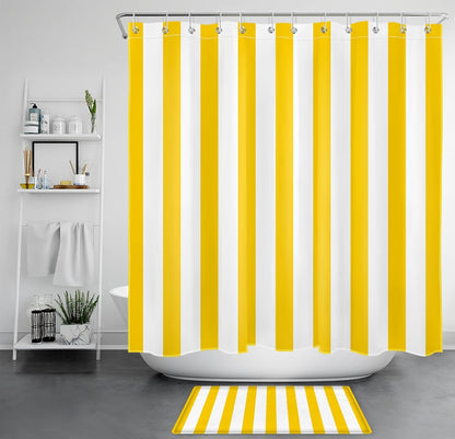 White and Yellow Striped Shower Curtain Sets with Rugs Geometric Patterns Vertical Stripe Fabric Shower Curtain with Hooks Modern Farmhouse Bathroom Curtains Shower Set, 70x70 inches