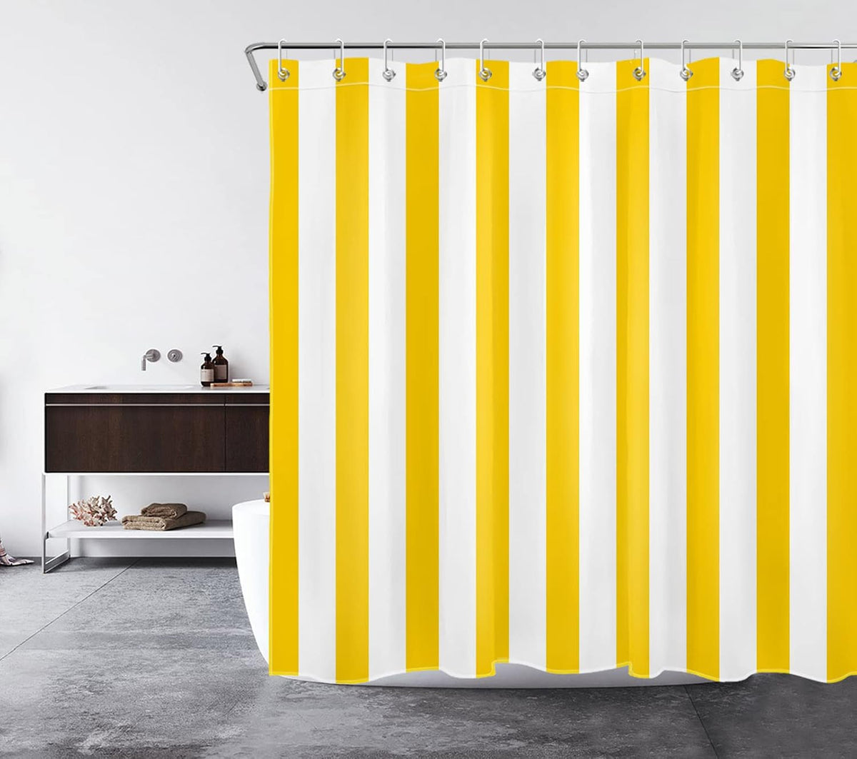 White and Yellow Striped Shower Curtain Sets with Rugs Geometric Patterns Vertical Stripe Fabric Shower Curtain with Hooks Modern Farmhouse Bathroom Curtains Shower Set, 70x70 inches