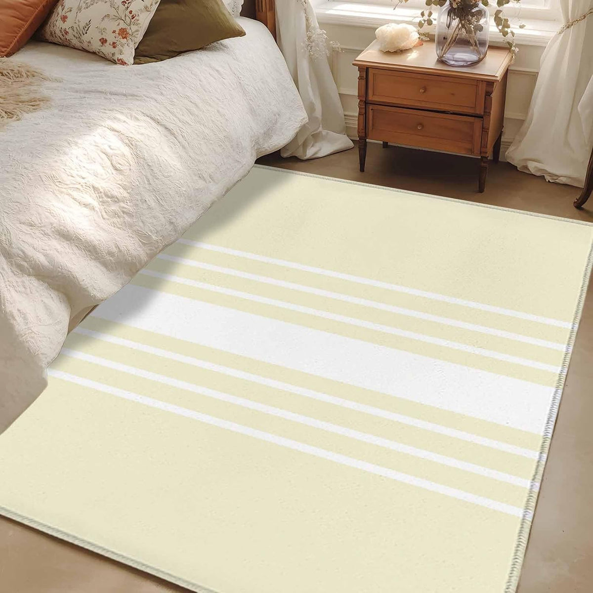4x6 Abstract White Striped Area Rug for Bedroom Small Living Room, Washable Low Pile Non Slip Rug Modern Simple Yellow Background