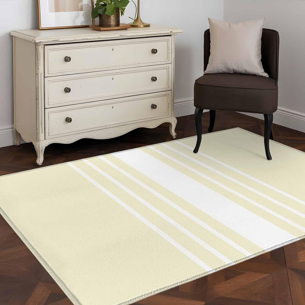 4x6 Abstract White Striped Area Rug for Bedroom Small Living Room, Washable Low Pile Non Slip Rug Modern Simple Yellow Background