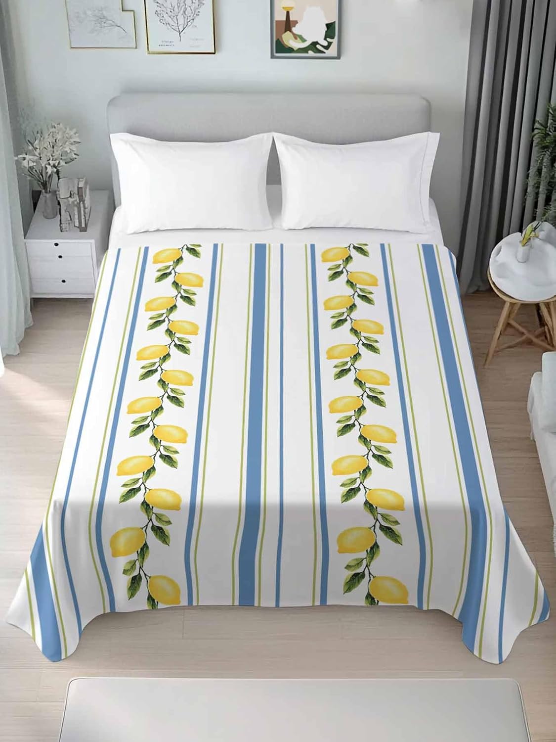 Lemon Striped Flat Bed Sheet Queen Size for Queen Mattress, Microfiber Bedding Top Sheets Deep Pocket for All Seasons, Yellow Fruit Blue White Geometric Soft & Breathable Hotel Quality