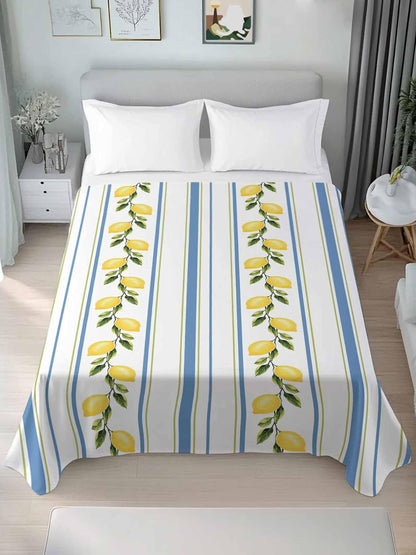 Lemon Striped Flat Bed Sheet Queen Size for Queen Mattress, Microfiber Bedding Top Sheets Deep Pocket for All Seasons, Yellow Fruit Blue White Geometric Soft & Breathable Hotel Quality