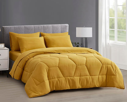 Piper Full Bed in a Bag 7-Pieces Honeycomb Hexagon Quilted Soft Washed Double Brushed Microfiber Comforter with Sheets Lightweight All Season Bedding Set (Full, Mustard Yellow)