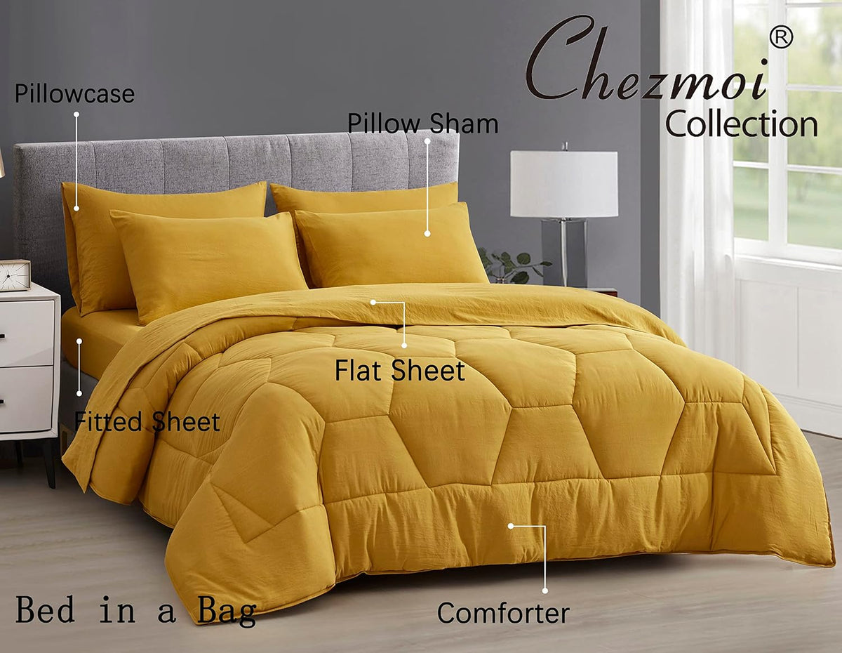 Piper Full Bed in a Bag 7-Pieces Honeycomb Hexagon Quilted Soft Washed Double Brushed Microfiber Comforter with Sheets Lightweight All Season Bedding Set (Full, Mustard Yellow)