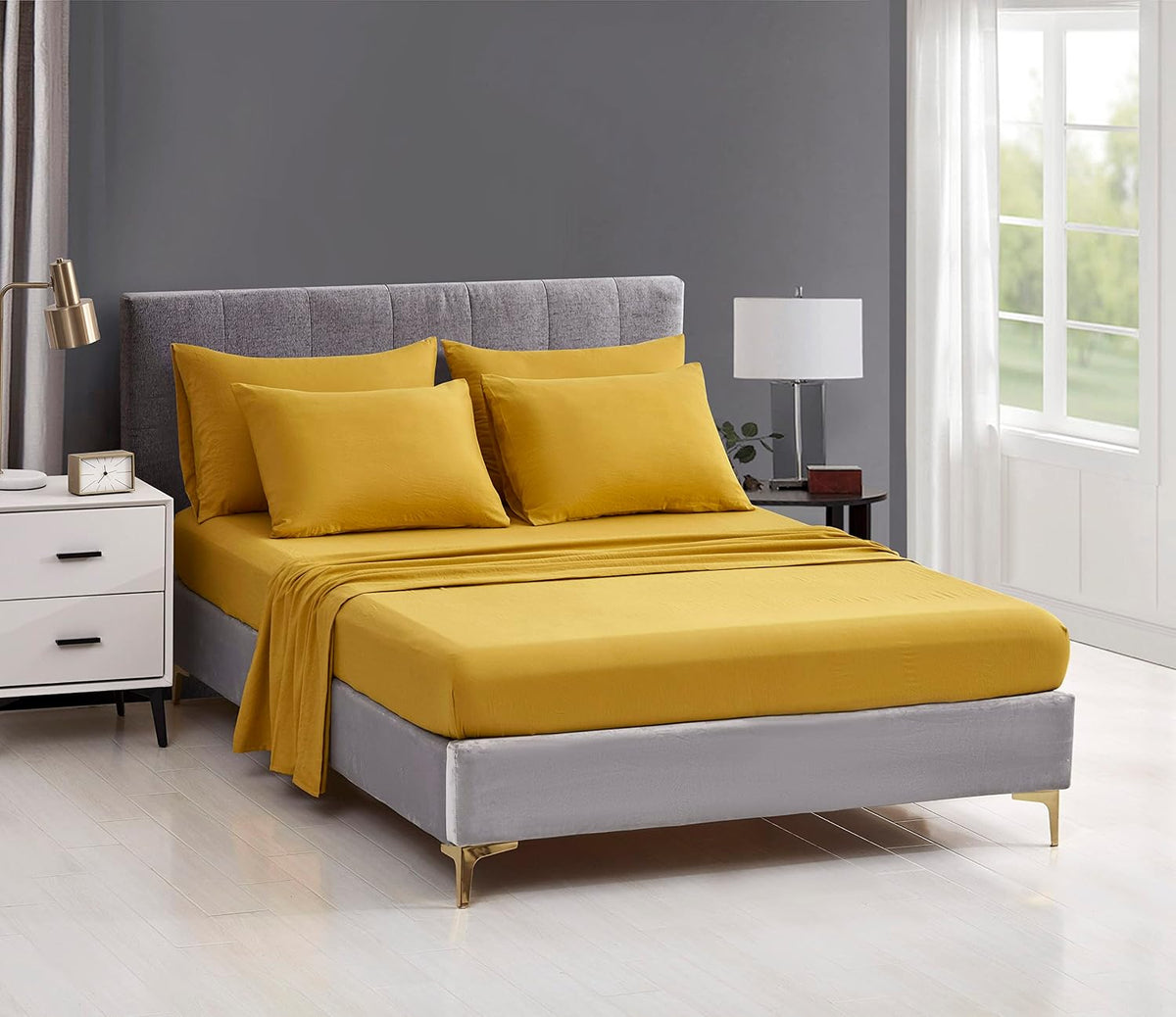 Piper Full Bed in a Bag 7-Pieces Honeycomb Hexagon Quilted Soft Washed Double Brushed Microfiber Comforter with Sheets Lightweight All Season Bedding Set (Full, Mustard Yellow)