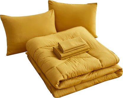 Piper Full Bed in a Bag 7-Pieces Honeycomb Hexagon Quilted Soft Washed Double Brushed Microfiber Comforter with Sheets Lightweight All Season Bedding Set (Full, Mustard Yellow)
