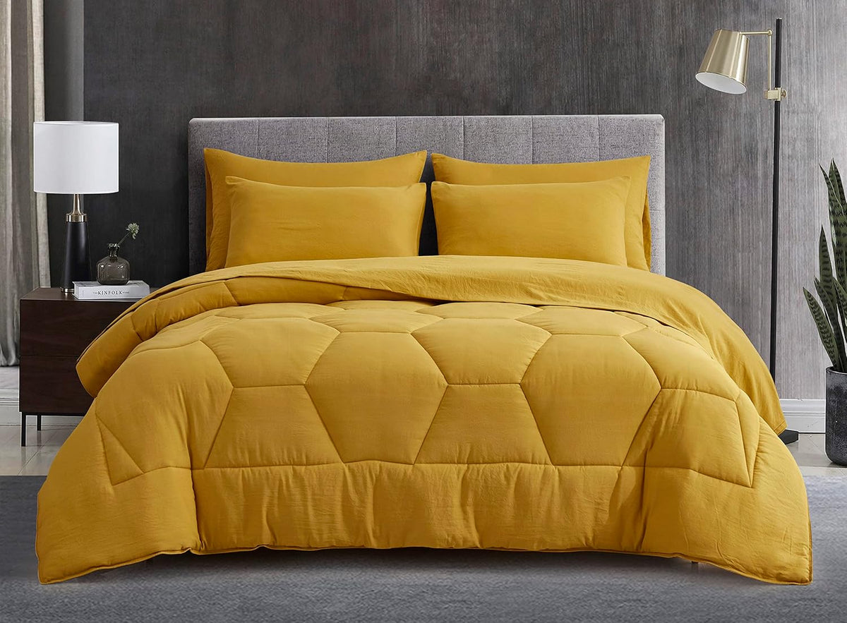 Piper Full Bed in a Bag 7-Pieces Honeycomb Hexagon Quilted Soft Washed Double Brushed Microfiber Comforter with Sheets Lightweight All Season Bedding Set (Full, Mustard Yellow)