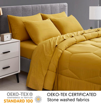 Piper Full Bed in a Bag 7-Pieces Honeycomb Hexagon Quilted Soft Washed Double Brushed Microfiber Comforter with Sheets Lightweight All Season Bedding Set (Full, Mustard Yellow)