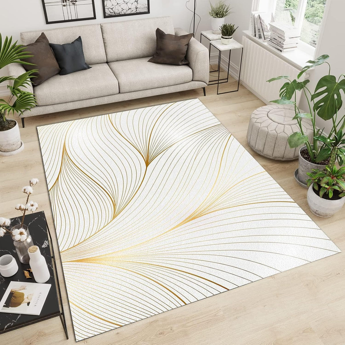 Modern Light Luxury Area Rug for Living Room, Gold Yellow Abstract Lines Design Rug, Soft Non-Slip Indoor Carpet White Washable Throw Rug for Bedroom Hallway Office 4.6x6.6ft