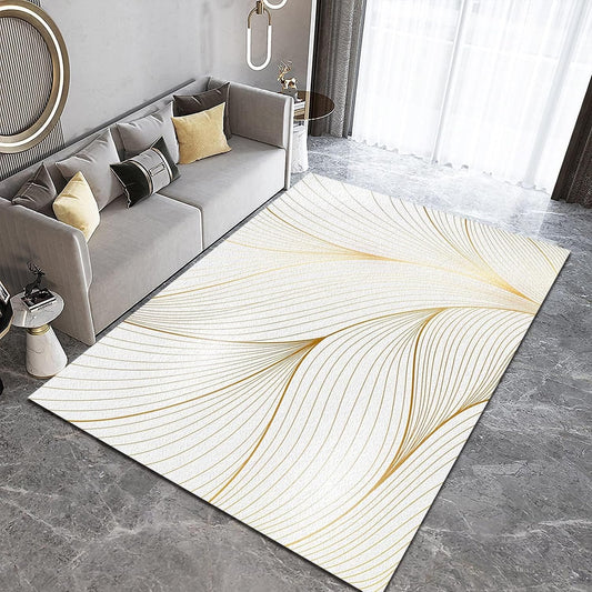Modern Light Luxury Area Rug for Living Room, Gold Yellow Abstract Lines Design Rug, Soft Non-Slip Indoor Carpet White Washable Throw Rug for Bedroom Hallway Office 4.6x6.6ft