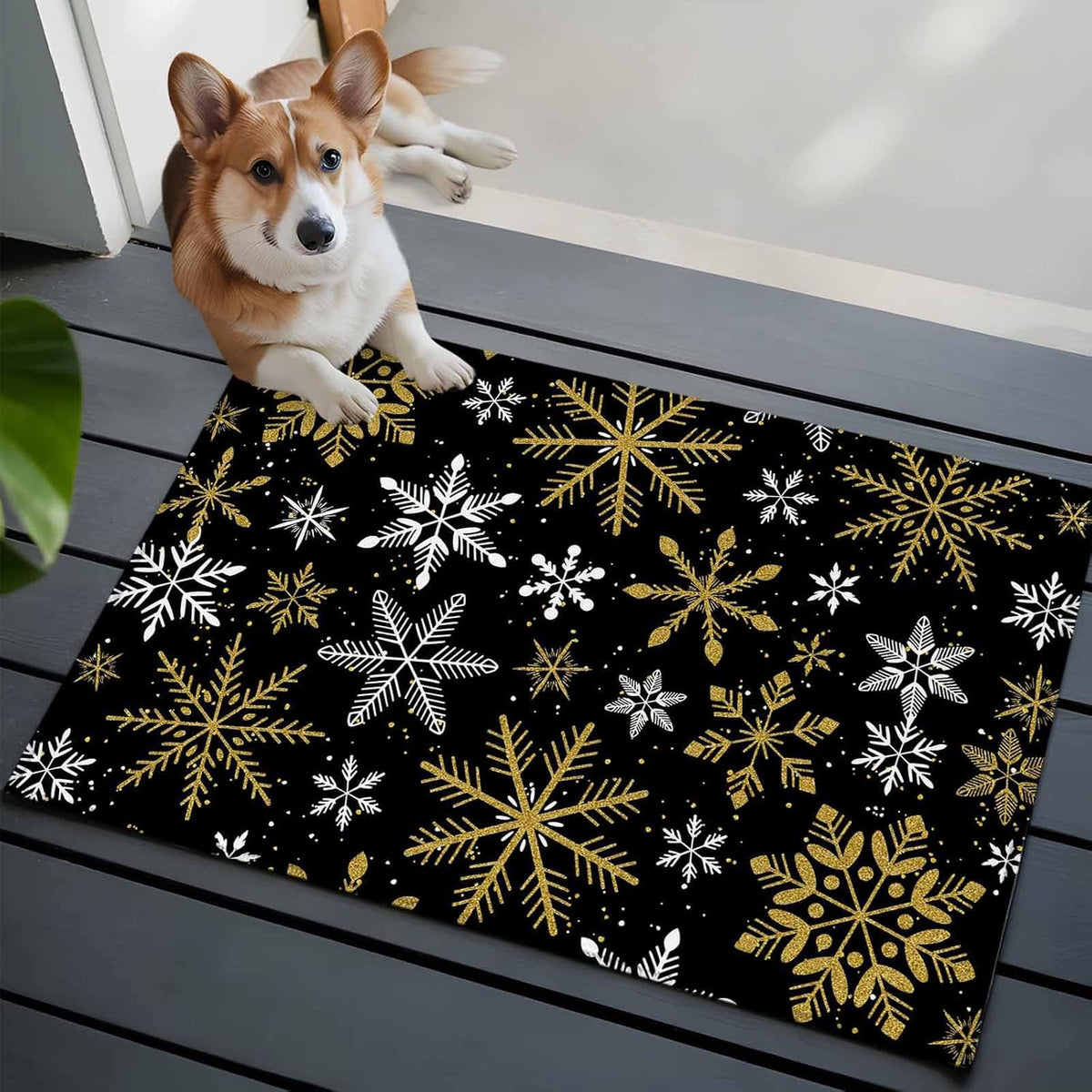 Winter Yellow Snowflake 2x3 Area Rugs for Living Room, Christmas White Snowflake Black Non Slip Floor Mat Washable Low-Profile Indoor Carpet for Bedroom, Dining Room, Bathroom