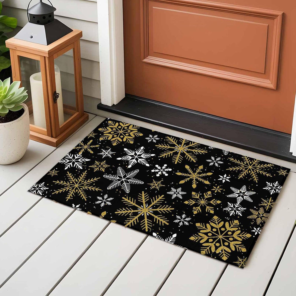 Winter Yellow Snowflake 2x3 Area Rugs for Living Room, Christmas White Snowflake Black Non Slip Floor Mat Washable Low-Profile Indoor Carpet for Bedroom, Dining Room, Bathroom