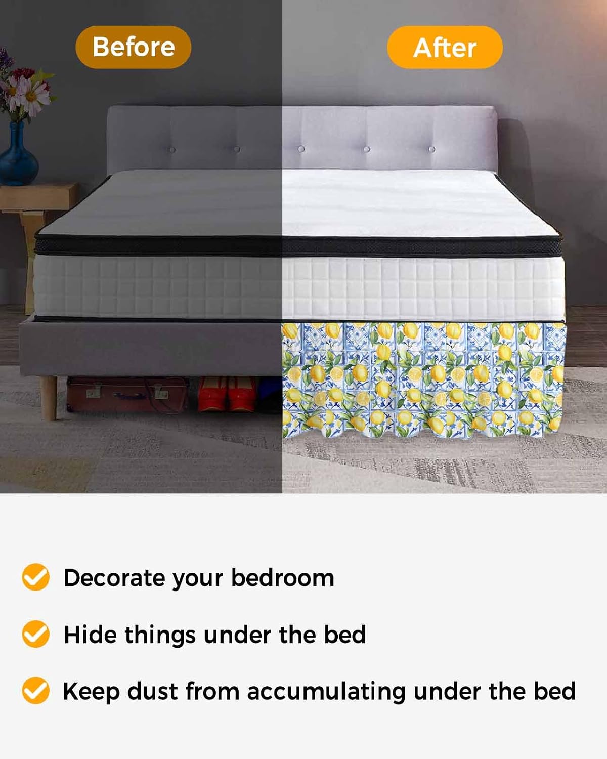 Yellow Lemon Bed Skirt Queen Size 16 Inch Drop, Adjustable Elastic Wrap Around Bed Skirts Easy Fitting Dust Ruffle Bedskirt Bed Frame Cover Botanical Spring Leaves Abstract Blue Tile