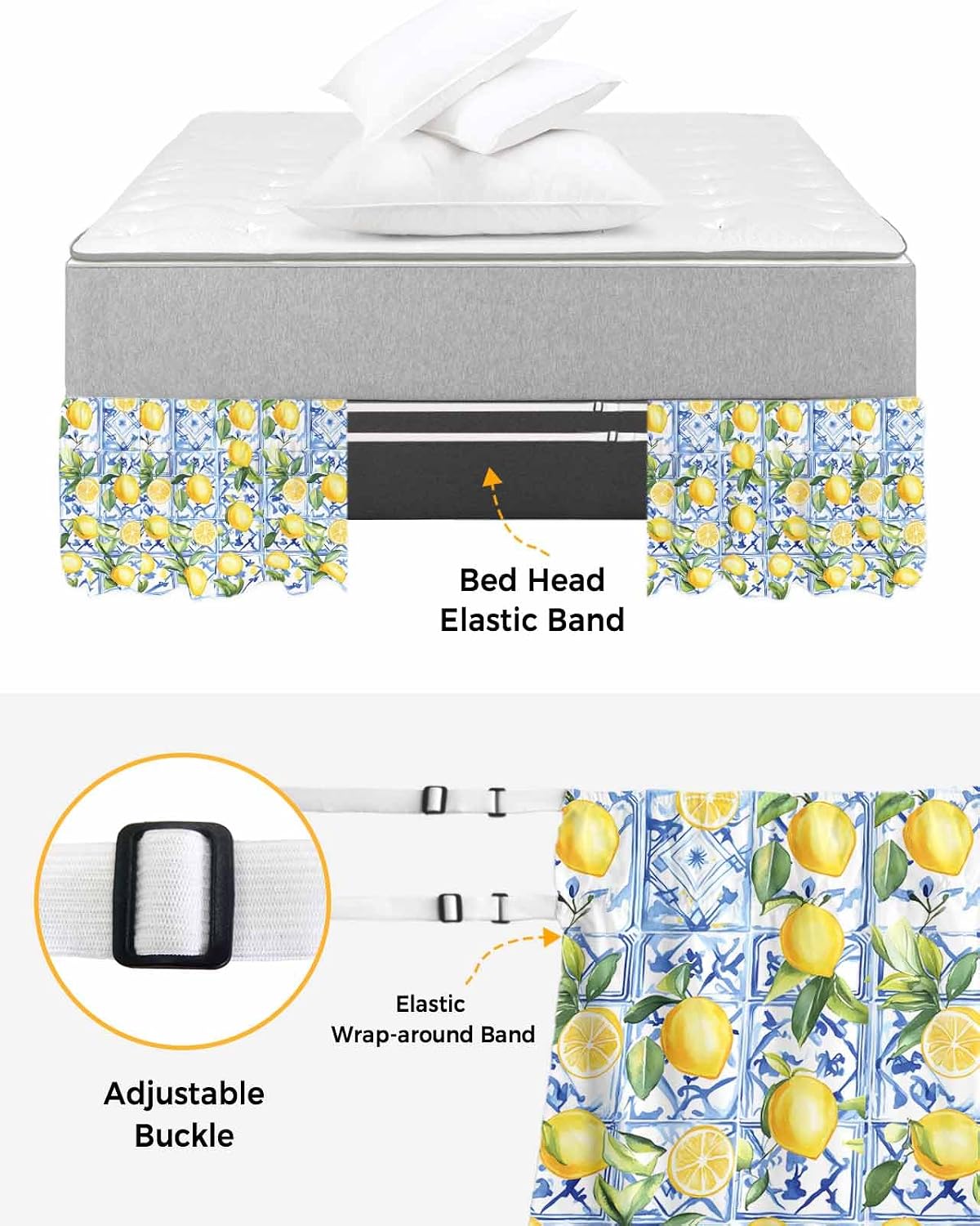 Yellow Lemon Bed Skirt Queen Size 16 Inch Drop, Adjustable Elastic Wrap Around Bed Skirts Easy Fitting Dust Ruffle Bedskirt Bed Frame Cover Botanical Spring Leaves Abstract Blue Tile