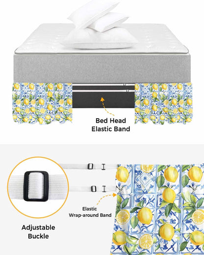 Yellow Lemon Bed Skirt Queen Size 16 Inch Drop, Adjustable Elastic Wrap Around Bed Skirts Easy Fitting Dust Ruffle Bedskirt Bed Frame Cover Botanical Spring Leaves Abstract Blue Tile