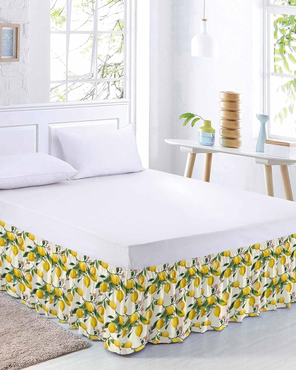 Lemons Bed Skirt Queen Size 16 Inch Drop, Adjustable Elastic Wrap Around Bed Skirts Easy Fitting Dust Ruffle Bedskirt Bed Frame Cover Summer Botanical Yellow Fruit Leaves Flowers