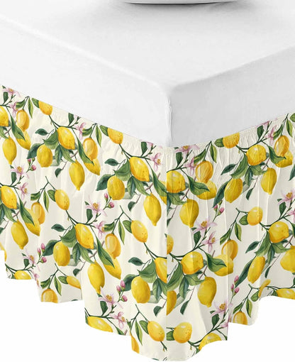 Lemons Bed Skirt Queen Size 16 Inch Drop, Adjustable Elastic Wrap Around Bed Skirts Easy Fitting Dust Ruffle Bedskirt Bed Frame Cover Summer Botanical Yellow Fruit Leaves Flowers
