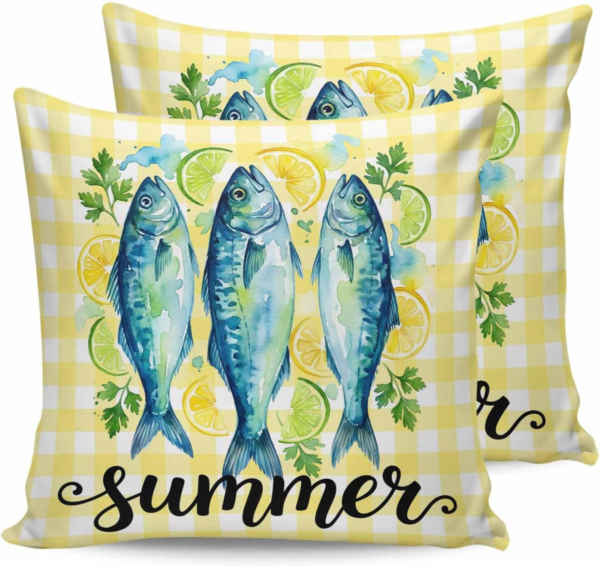 Summer Fish 2PCS Throw Pillow Covers for Couch Sofa Bed, Farmhouse Yellow Lemon Stripes Pillow Covers 18x18 inch, Standard Pillowcases Set Decorative Cushion Covers for Living Room Bedroom