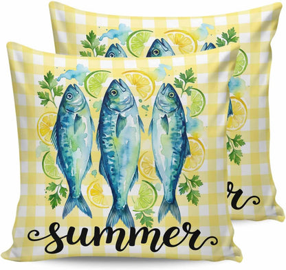Summer Fish 2PCS Throw Pillow Covers for Couch Sofa Bed, Farmhouse Yellow Lemon Stripes Pillow Covers 18x18 inch, Standard Pillowcases Set Decorative Cushion Covers for Living Room Bedroom