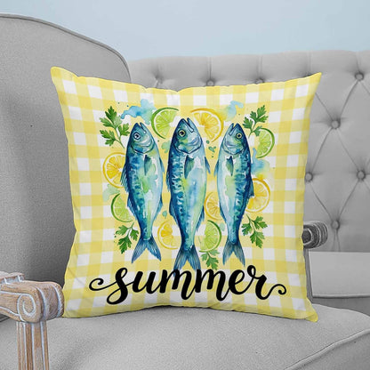 Summer Fish 2PCS Throw Pillow Covers for Couch Sofa Bed, Farmhouse Yellow Lemon Stripes Pillow Covers 18x18 inch, Standard Pillowcases Set Decorative Cushion Covers for Living Room Bedroom