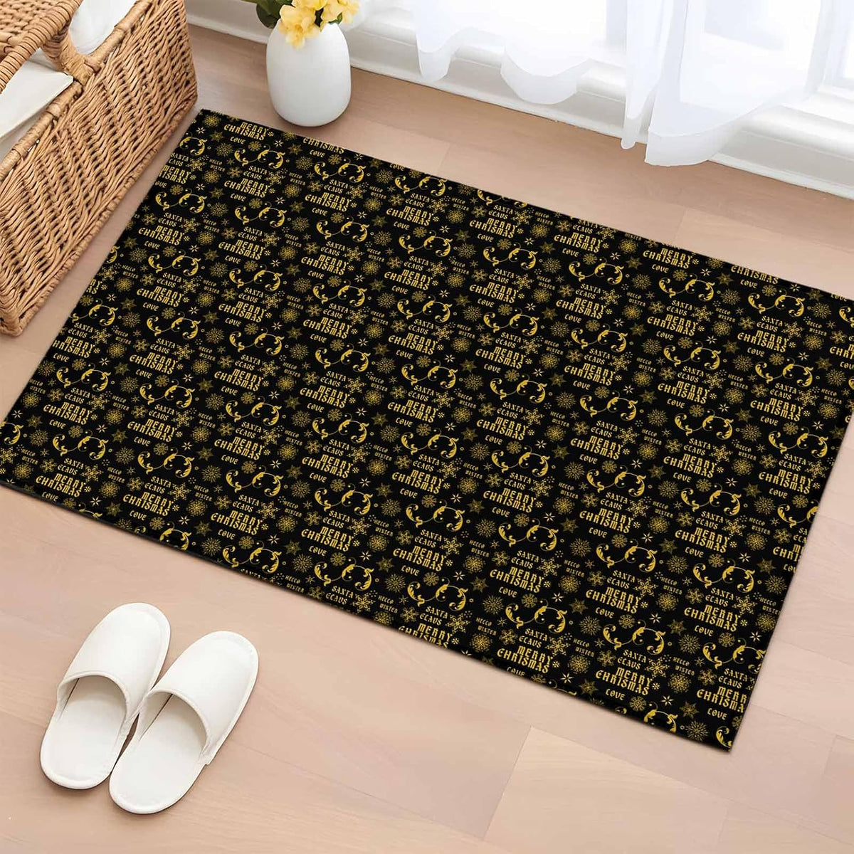 Christmas Winter 2x3 Area Rugs for Living Room, Snowflake Xmas Flower Yellow Black Non Slip Floor Mat Washable Low-Profile Indoor Carpet for Bedroom, Dining Room, Bathroom