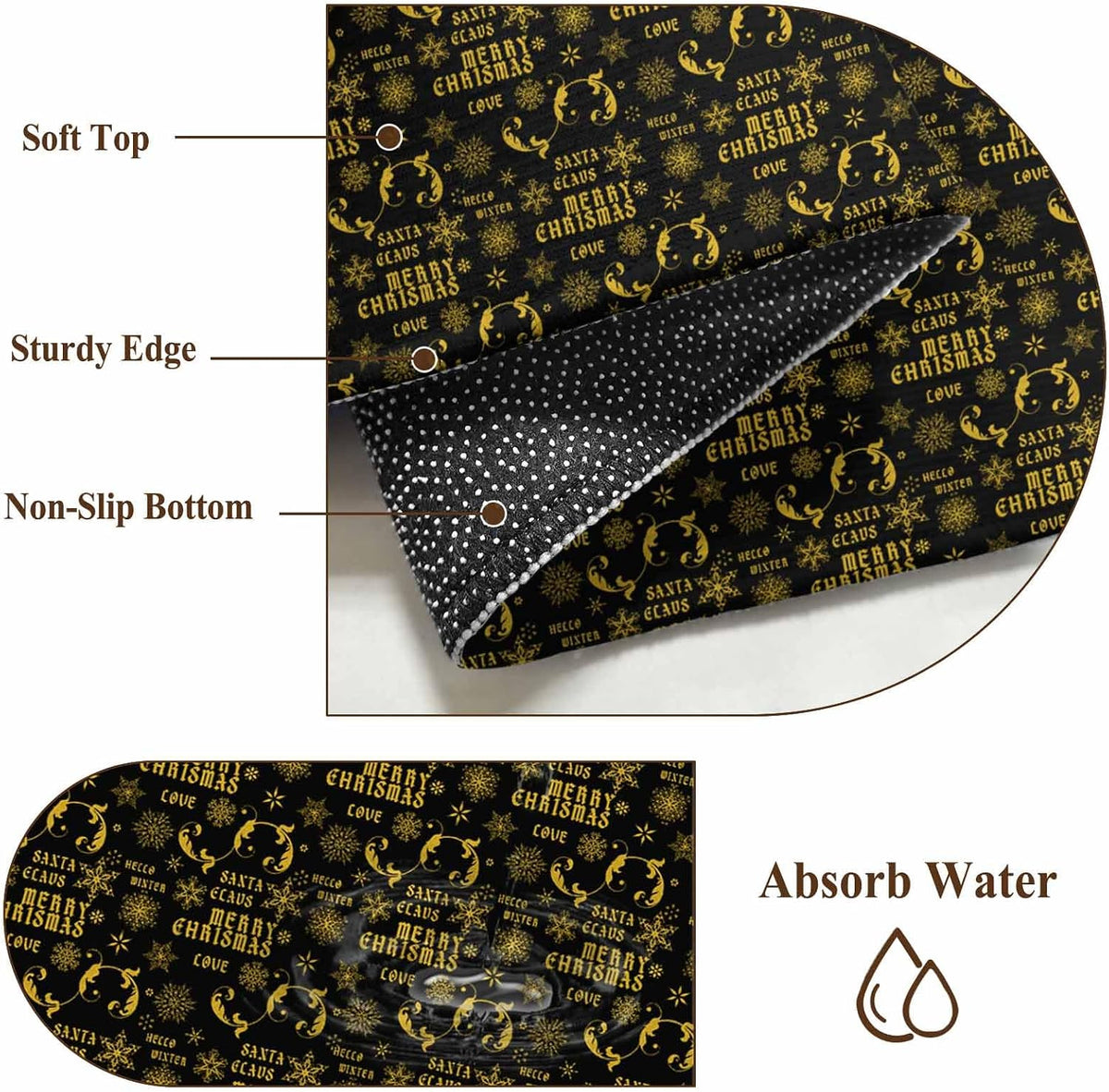 Christmas Winter 2x3 Area Rugs for Living Room, Snowflake Xmas Flower Yellow Black Non Slip Floor Mat Washable Low-Profile Indoor Carpet for Bedroom, Dining Room, Bathroom