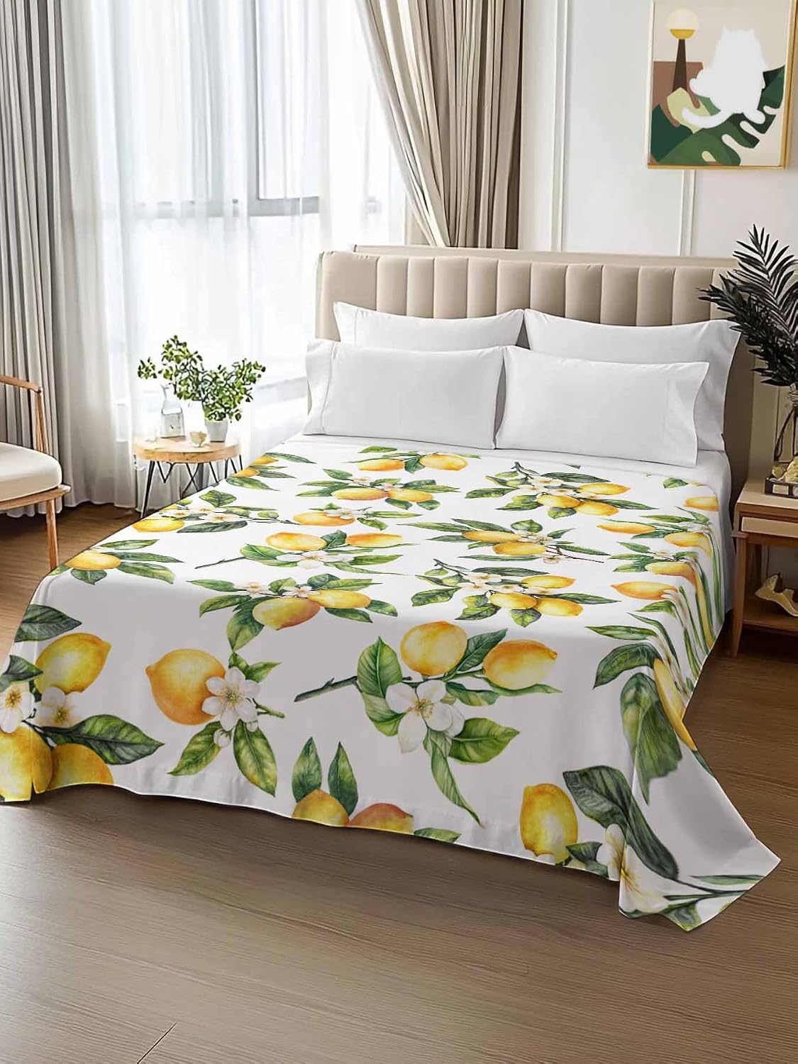 Twin Flat Sheet Only,Yellow Lemon Summer Green Leaves Top Sheet Breathable Soft Brushed Polyester Microfiber Bed Sheets,Blossom Floral Seamless Hotel Luxury Bedding Sheets for Women,Men,Teens