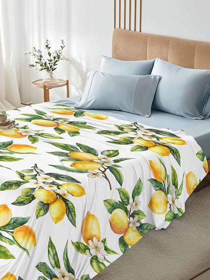 Twin Flat Sheet Only,Yellow Lemon Summer Green Leaves Top Sheet Breathable Soft Brushed Polyester Microfiber Bed Sheets,Blossom Floral Seamless Hotel Luxury Bedding Sheets for Women,Men,Teens