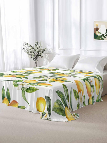 Twin Flat Sheet Only,Yellow Lemon Summer Green Leaves Top Sheet Breathable Soft Brushed Polyester Microfiber Bed Sheets,Blossom Floral Seamless Hotel Luxury Bedding Sheets for Women,Men,Teens