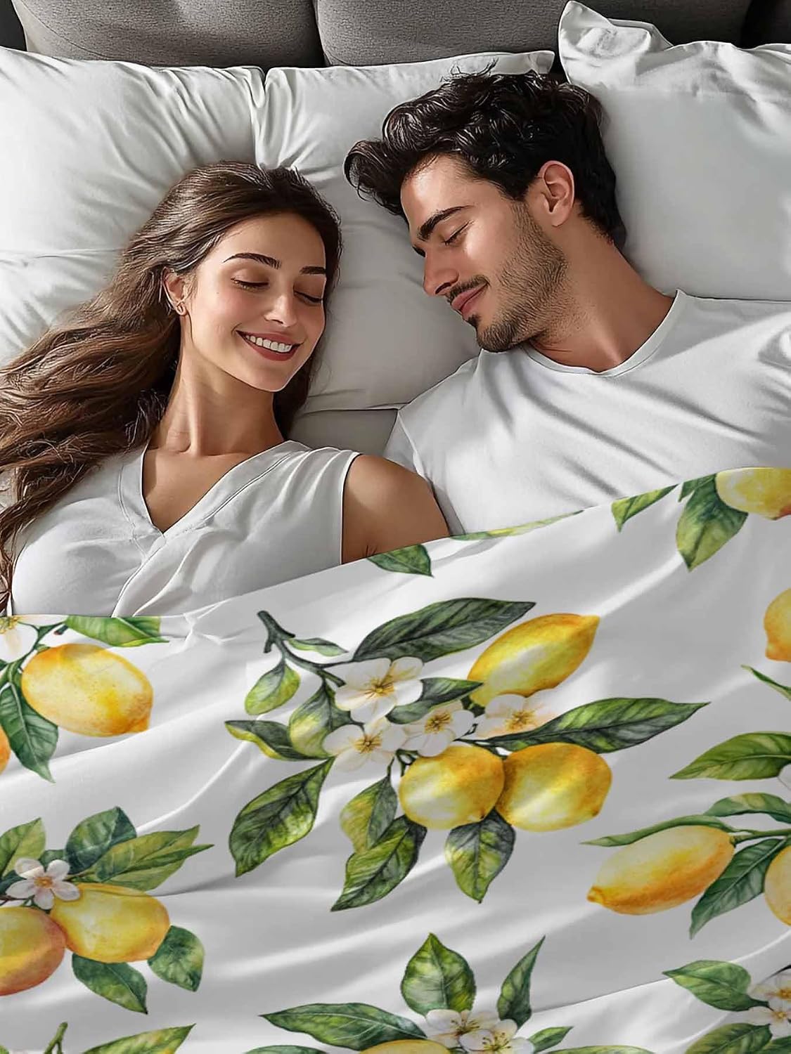 Twin Flat Sheet Only,Yellow Lemon Summer Green Leaves Top Sheet Breathable Soft Brushed Polyester Microfiber Bed Sheets,Blossom Floral Seamless Hotel Luxury Bedding Sheets for Women,Men,Teens