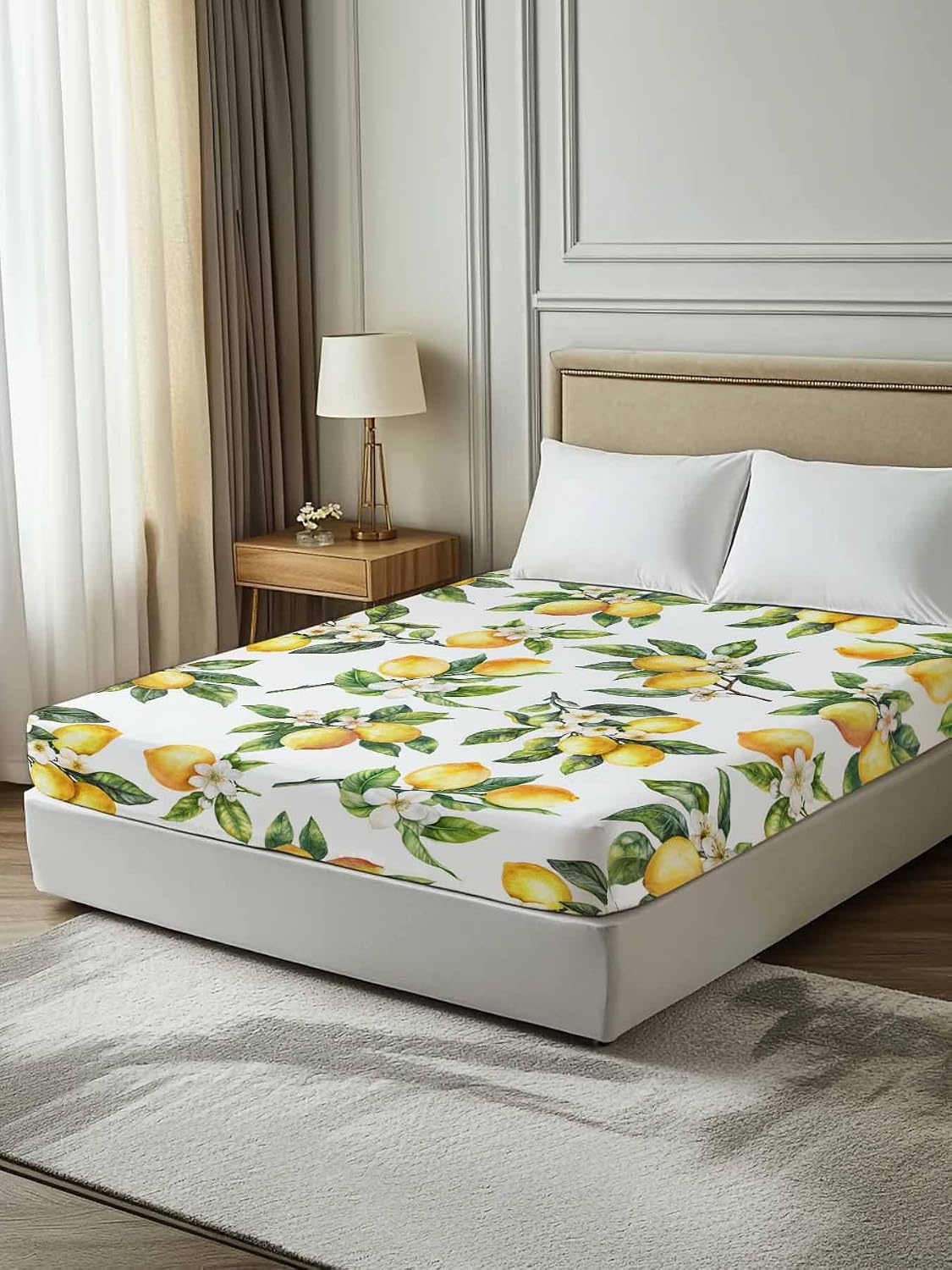 Twin Flat Sheet Only,Yellow Lemon Summer Green Leaves Top Sheet Breathable Soft Brushed Polyester Microfiber Bed Sheets,Blossom Floral Seamless Hotel Luxury Bedding Sheets for Women,Men,Teens
