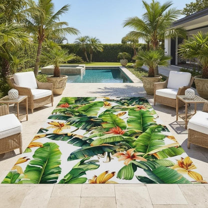 White Yellow Green Abstract Art Decor Realistic Banana Leaf Rug 4x6 Skin Friendly Lightweight Waterproof Palm Leaf Outdoor Rug for Deck Porch Garden Beach RV Entrance Balcony Tropical Rugs