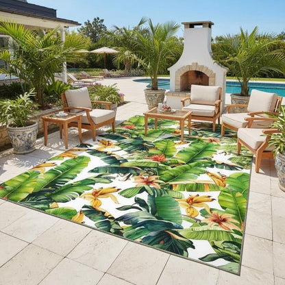 White Yellow Green Abstract Art Decor Realistic Banana Leaf Rug 4x6 Skin Friendly Lightweight Waterproof Palm Leaf Outdoor Rug for Deck Porch Garden Beach RV Entrance Balcony Tropical Rugs