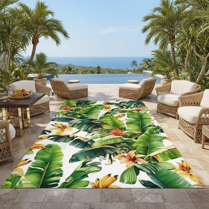 White Yellow Green Abstract Art Decor Realistic Banana Leaf Rug 4x6 Skin Friendly Lightweight Waterproof Palm Leaf Outdoor Rug for Deck Porch Garden Beach RV Entrance Balcony Tropical Rugs
