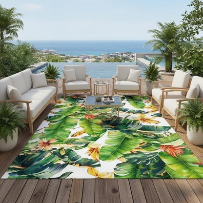 White Yellow Green Abstract Art Decor Realistic Banana Leaf Rug 4x6 Skin Friendly Lightweight Waterproof Palm Leaf Outdoor Rug for Deck Porch Garden Beach RV Entrance Balcony Tropical Rugs