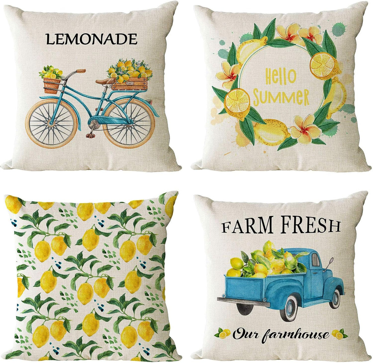 Set Of 4 Summer Throw Pillow Covers 16 By 16 Inch Yellow Fruit Farmhouse Decorative Lemon Truck Bicycle Pillowcase Square Cotton Linen Cushion Covers For Summer Home Decor